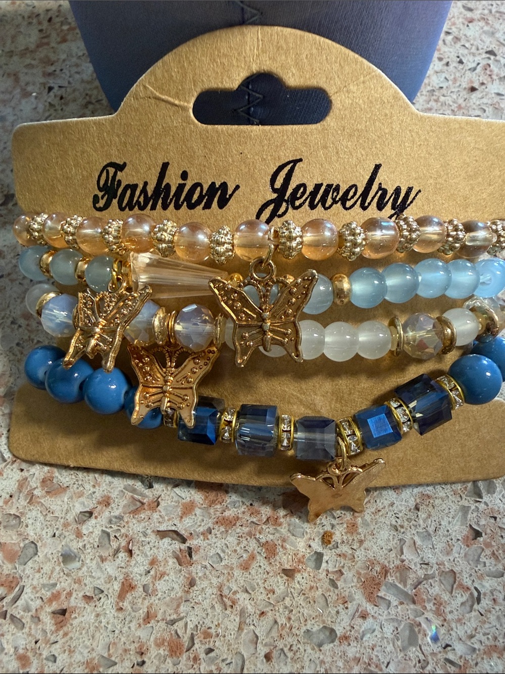 Gold Butterfly Stackable Beaded Bracelets - Blue & Cream